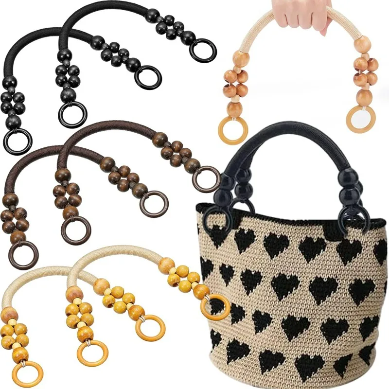 Bolso de mano de nailon trenzado DIY, mango de madera, cuerda de nailon, accesorios para bolsos, cuentas, asas de cuentas de madera