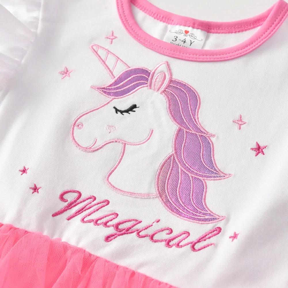 Mädchenkleid mit Einhorn-Stickerei, Langarm, Kinderkleid mit Farbverlauf, Ombre-Tüll-Tutu, Prinzessinnen-Partykleid für Körpergröße 116-128 cm – Detail 5
