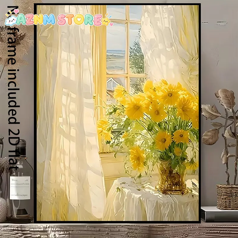2027,  Vertical Frameless Canvas Wall Art - Sunlight Yellow Flowers & Serene Seascape Suitable for /, Modern Minimalist Decor