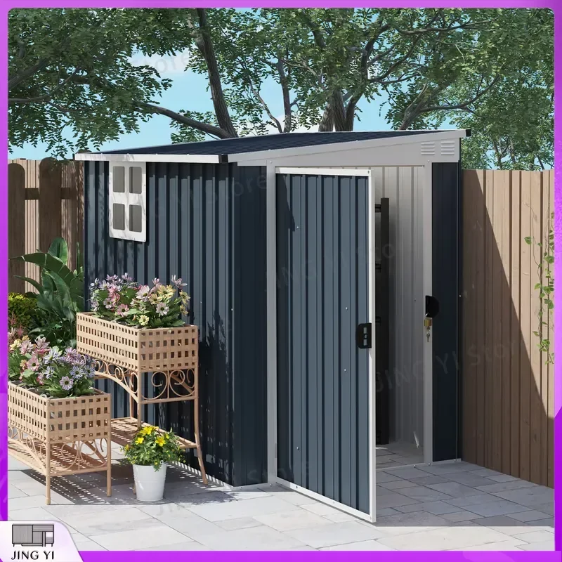 4x6ft Outdoor Garden Storage Shed with Window Dark Grey Metal Tool Shed for Lawn Equipment Storage Shed for Tools