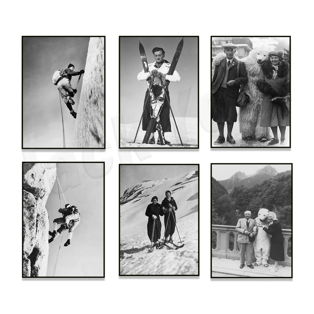 Impressions de Ski Vintage alpiniste Alpes France noir et blanc photographie affiche de voyage Photo Vintage alpinisme Ski