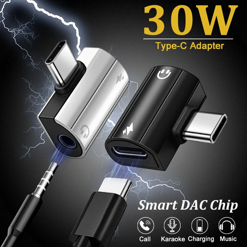 New Elbow USB Type C to 3.5mm Jack AUX Audio Headphone Converter Adapter Fast Charger 30W for Samsung iPhone 15 Xiaomi Huawei