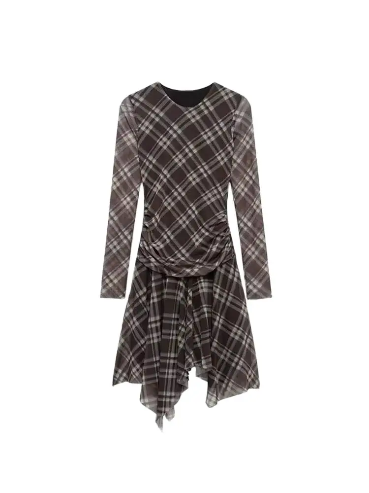 

GELITAYIN женское асимметричное тюлевое драпированное платье в клетку с круглым вырезом и длинными рукавами женские платья модные Vestidos Mujer