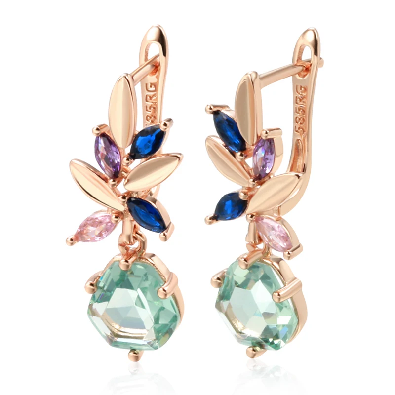 Kinel Fashion Unique Green Stone Drop Earrings for Women Rhombus Natural Zircon 585 Rose Gold Color Vintage Wedding Jewelry