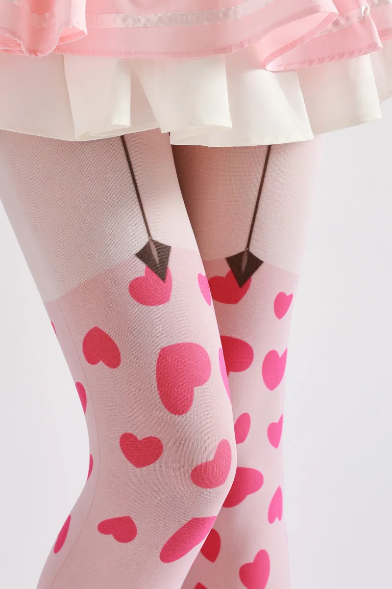 Personality Playful Love Heart Printing Ladies Pantyhose Fake Suspenders Pattern Hottie Sexy Velvet Color Match Tights