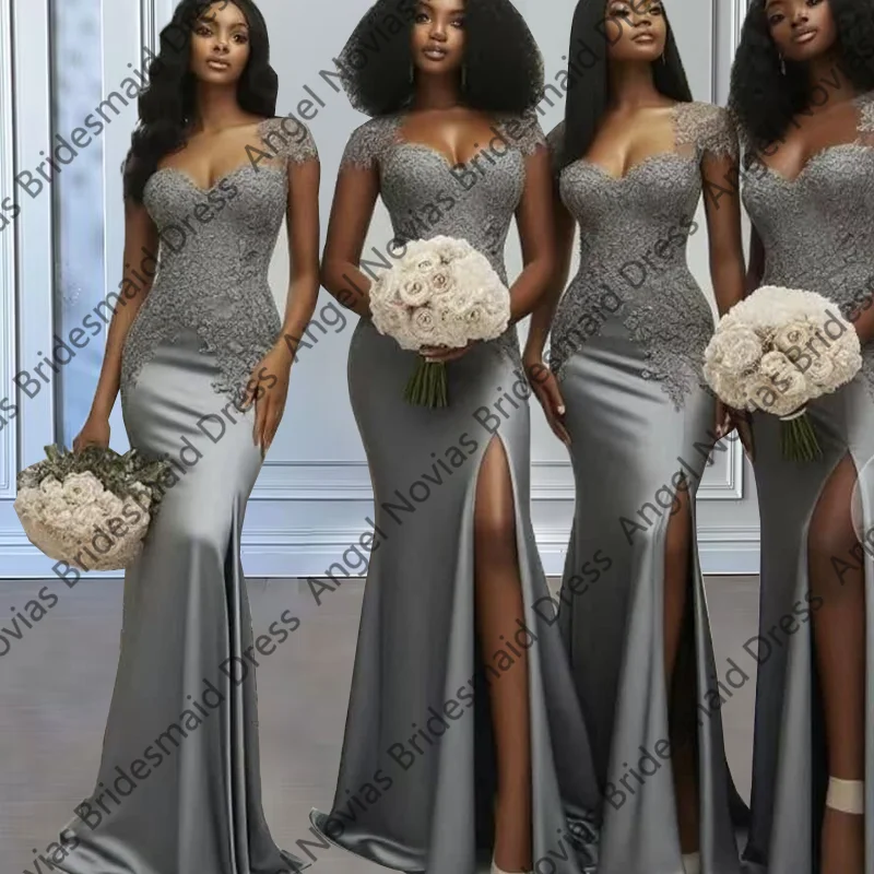 

Customized Mermaid Silver Grey Bridesmaid Dresses with Slit Wedding Guest Party Gowns robe mariage invite
