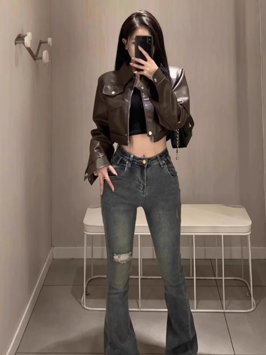 Brown ort PU Leather Jaet Women's Spring Autumn 2024 New Sle High-End Feelings Motorcycle Workwear Faion Outerwear