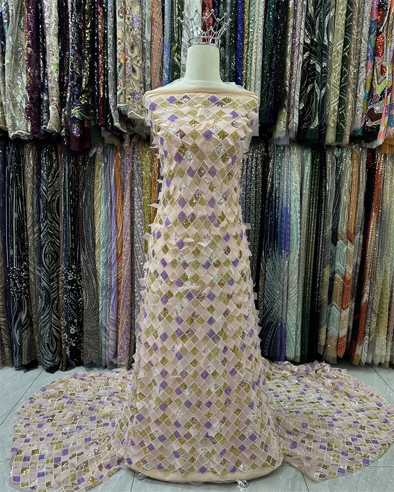 

3D Sequins Embroidery Beads Net Lace Fabric Colorful Beaded Sequence Heavy Net Lace African Women Wedding Dress Material