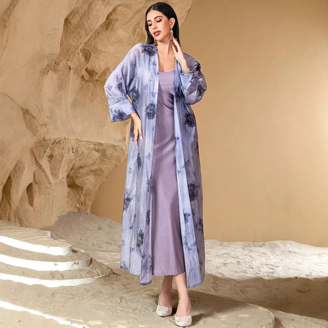 

2pcs Muslim Women Floral Print Maxi Dress Dubai Kimono Abaya Turkey Kaftan Femme Robe Islam Clothing Musulmane Vestidos Caftan