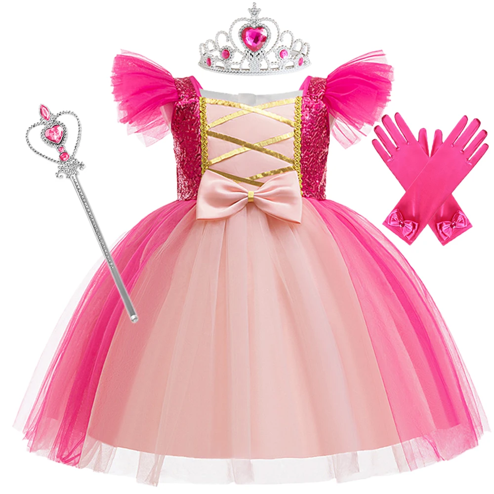 Aurora Sleeping Beauty Princess Girls Cosplay Costume Carnival Halloween Barbie Pink Birthday Princess Party Dress Kids Clothing