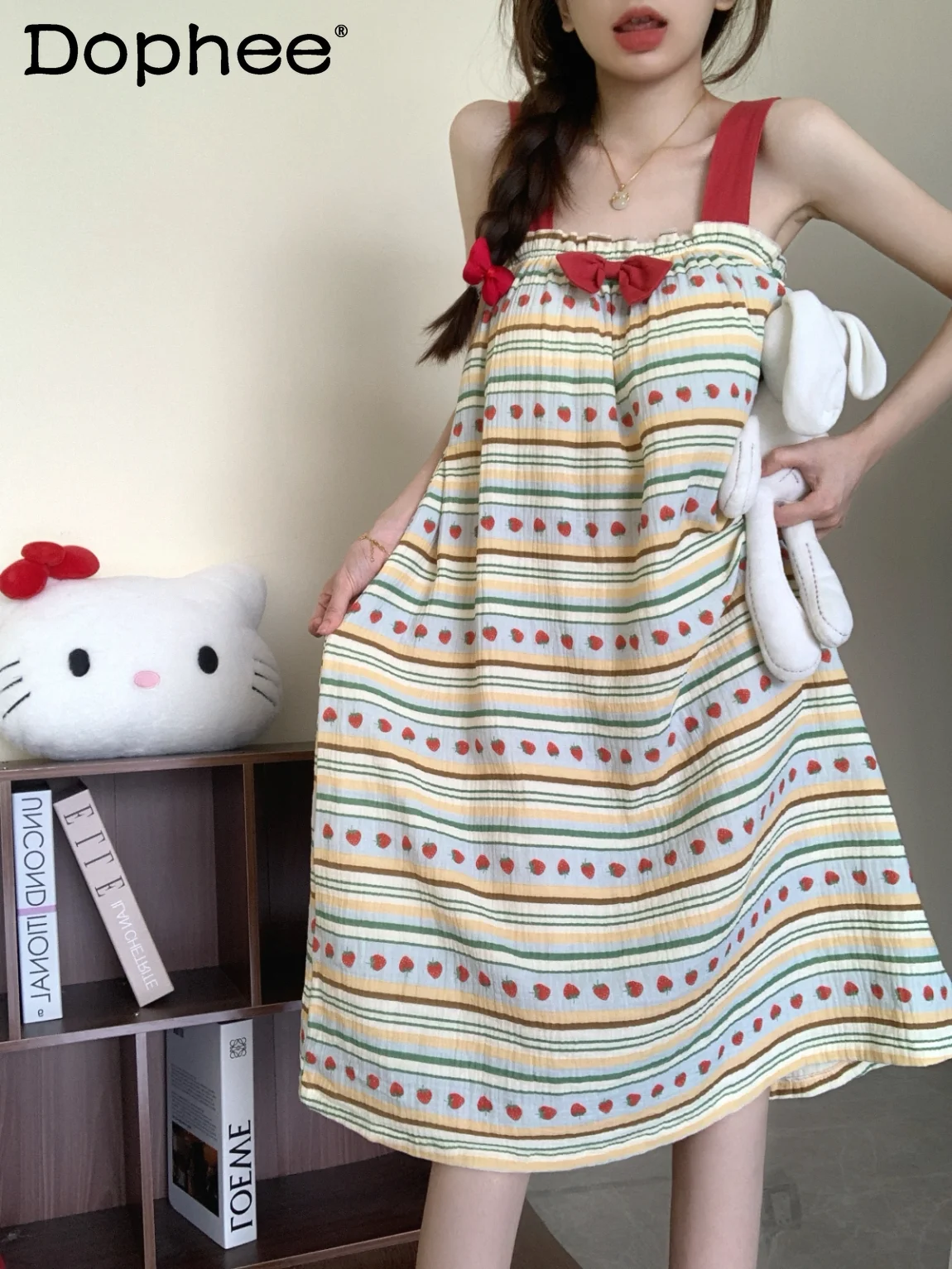 

Japanese Girl Double-layer Cotton Yarn Nightdress Women's 2025 New Summer Sweet Strawberry Print Suspender Pajamas Loungewear