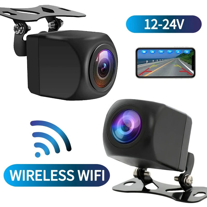 Caméra de recul sans fil pour voiture, objectif fisheye HD, vue avant et arrière, WiFi, enregistreur de conduite, sauvegarde, 12-24V