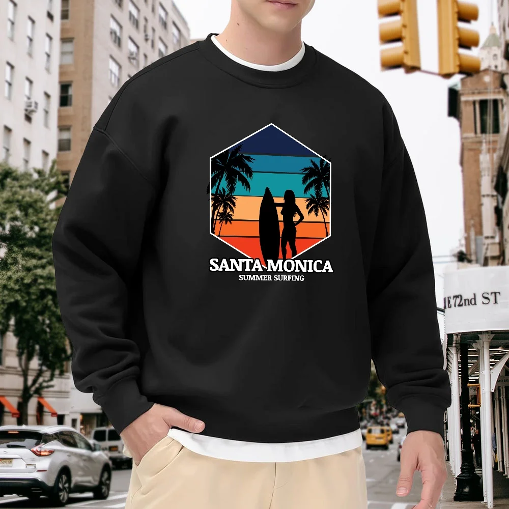 

Men's Black Crew Neck Loose Sweatshirt with Santa Monica Surf Print, Casual Street Style, Versatile and Comfortable for Everyday Wear and Sports
