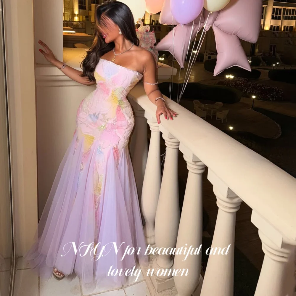 NFYN Dreamy Pastel Rainbow Strapless Evening Dress Floral Beaded Mermaid Prom Gown Floor Tulle Train Party Dresses Customized