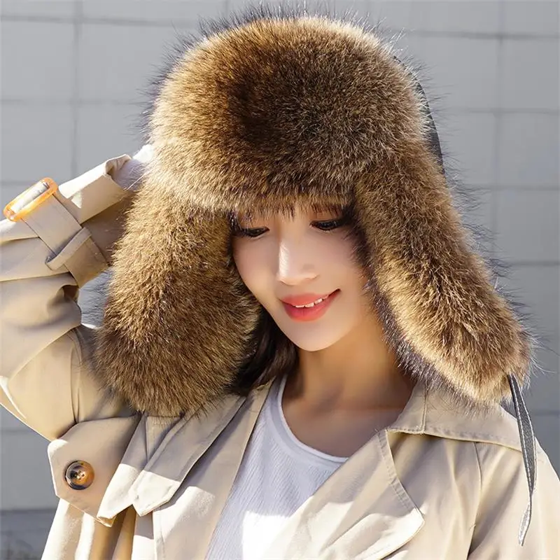 

Brand Luxury Real Sheepskin Leather Cap Unisex Winter Russian Real Fox Fur Hat Warm Soft Quality Real Raccoon Fur Bombers Hats