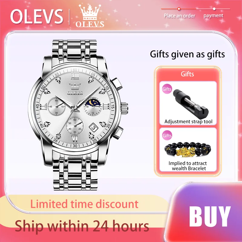 OLEVS Original Certification Men's Watches Moon Phase Quartz Watch Stainless Steel strap Chronograph Calendar Luminous Watch Men