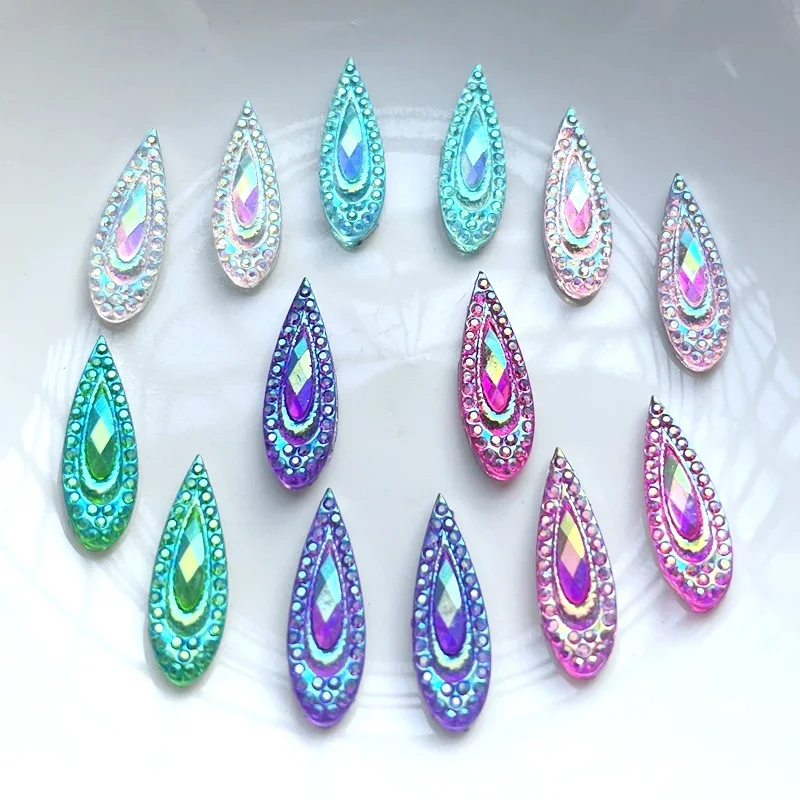 60pcs 6 * 20mm Shiny Water Drop AB Resin Water Diamond Peacock Eye Flat Back DIY Wedding Decal Decoration nail art decorations