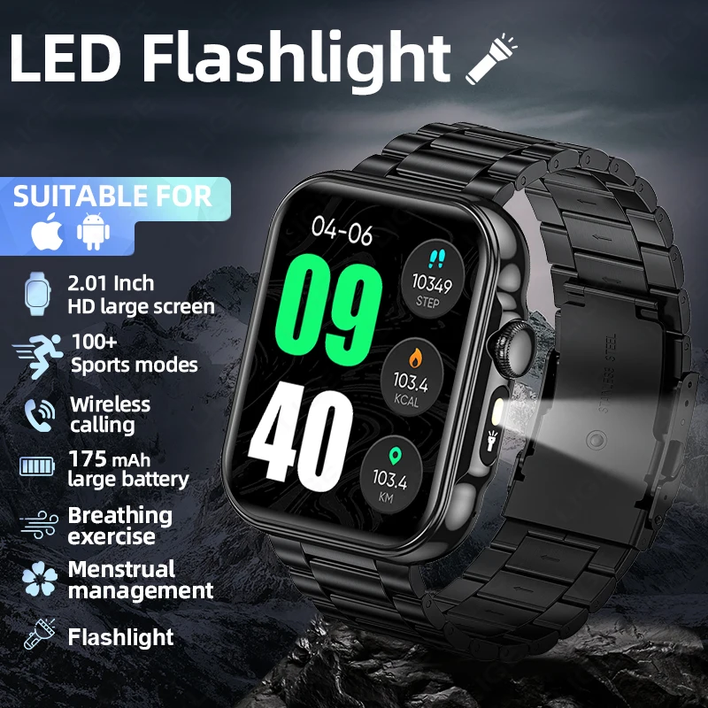 

Мужские умные часы со светодиодным фонариком для спорта на открытом воздухе, Bluetooth-вызов, женские умные часы, водонепроницаемые, 2,02 дюйма, пульс, музыкальные умные часы для сна