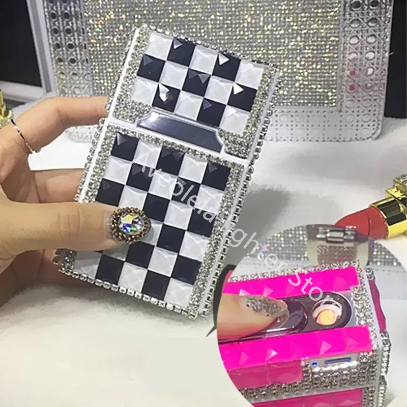 Handmade Rhinestone Metal Cigarette Case with USB Rechargeable Lighter Lighter Case  Tobacco Accessories  Smoking Accessories