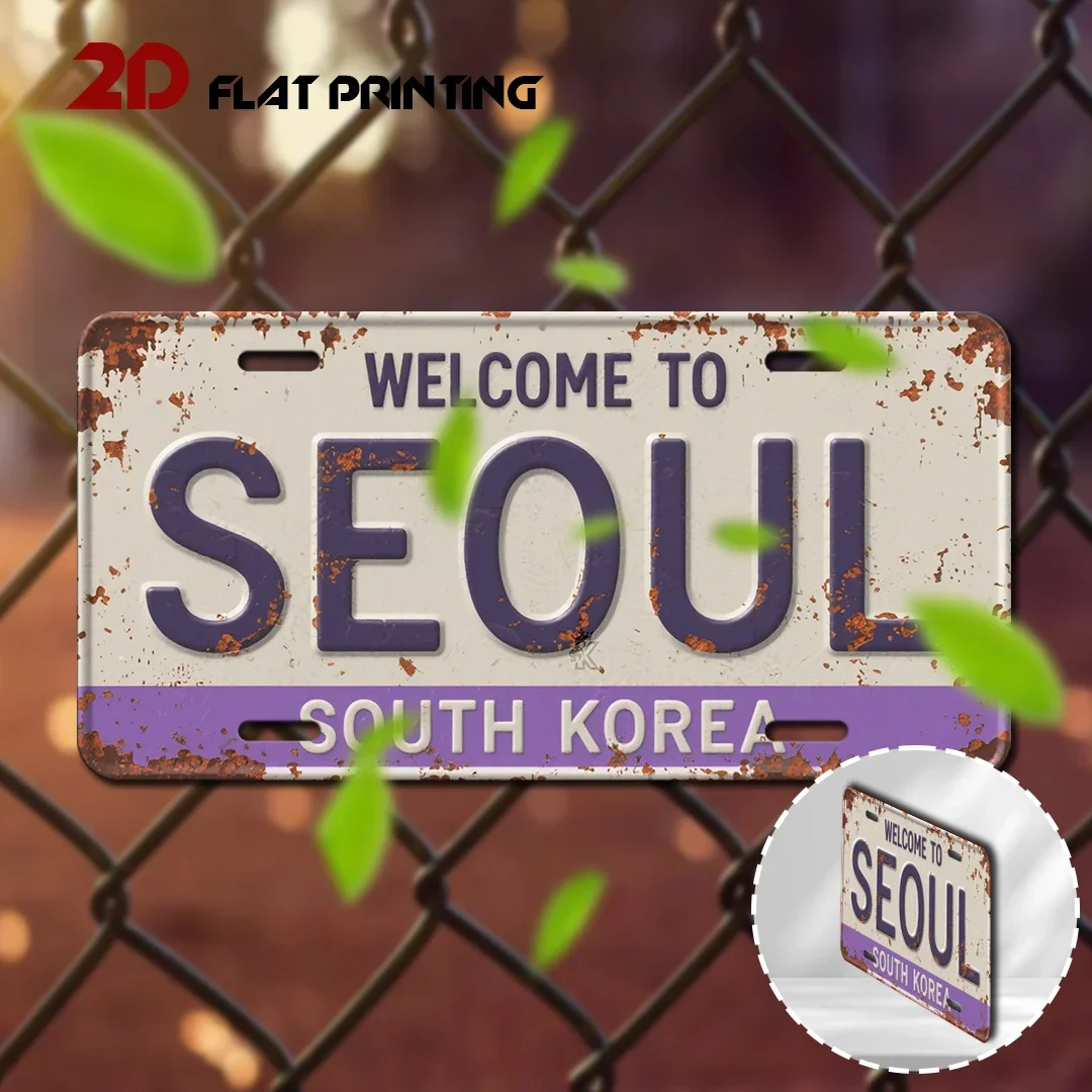 HD Aluminum Metal Sign, Welcome to Seoul South Korea Vintage Rusty License Plate Style Wall Decor, Retro Korean City Metal Tin P