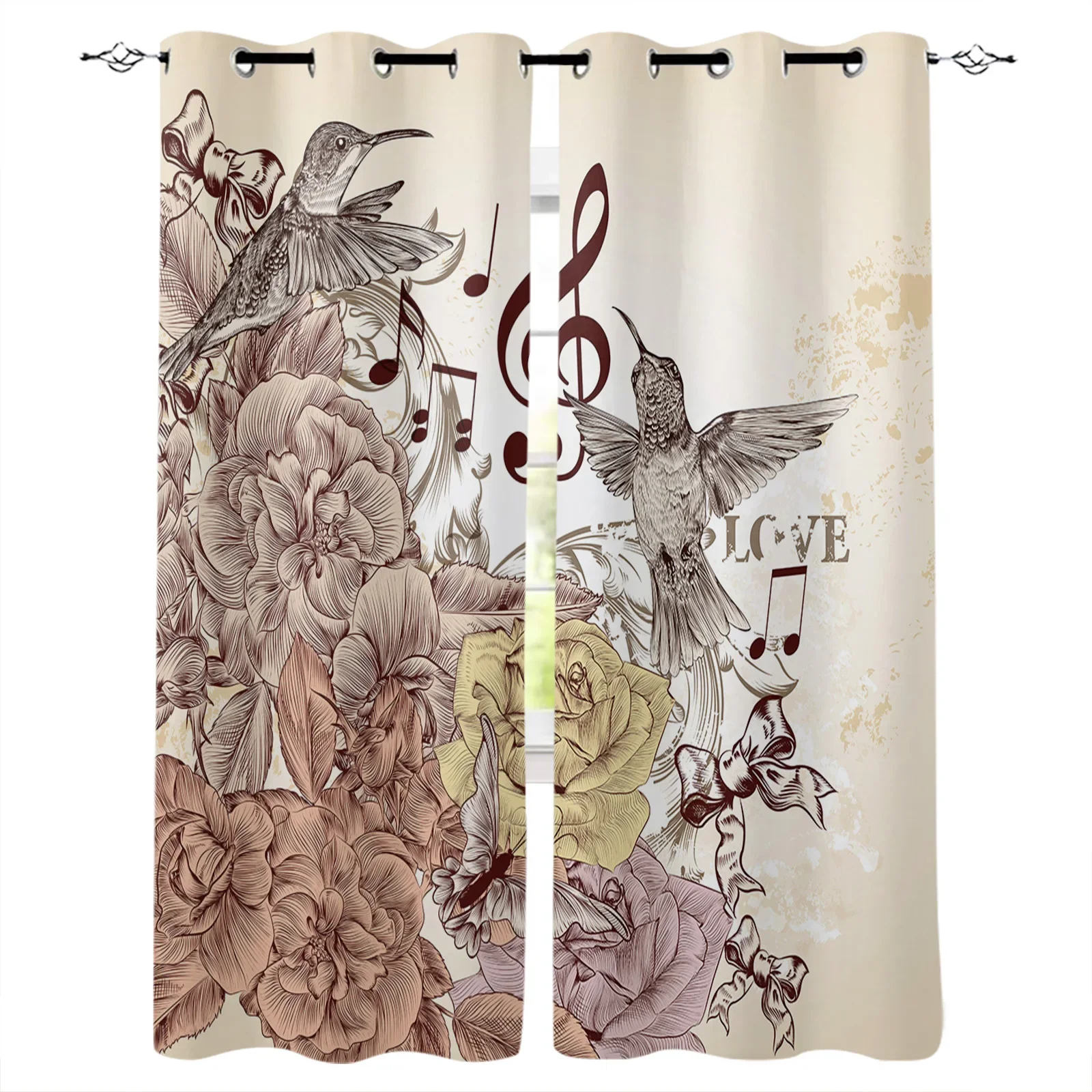 Yellow Hummingbird Musical Note Flower Bow Window Screen Printed Design Office Indoor Window Curtain Kitchen Curtain Home Drapes