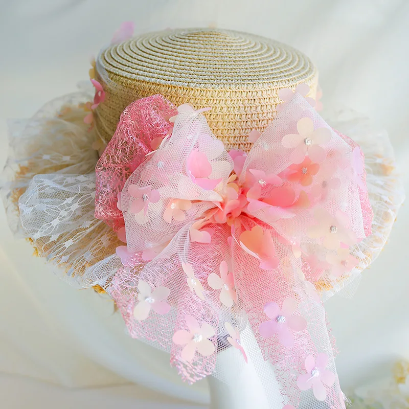 Straw Hat for Women, Summer Hat with Lace and Ribbon, Beach Hat, Actress Hat Lolita Cute, Tea Party, Dress Hat