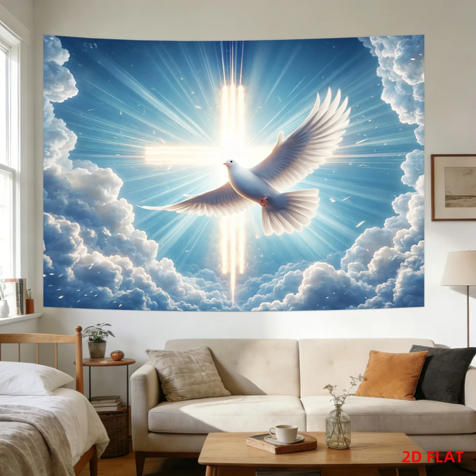 Spiritual Dove Wall Tapestry Blue Sky Cloud Heaven Inspirational Peace Art Decor Hanging Print for Nursery Bedroom Living Room