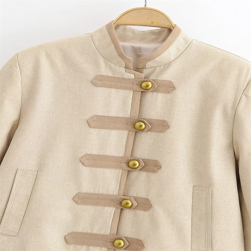 Elegant Casual Outerwear for Cross-Border E-Comm Women's Beige Mandarin Collar Jacket, Vintage Style Toggle Button Cropped Coat