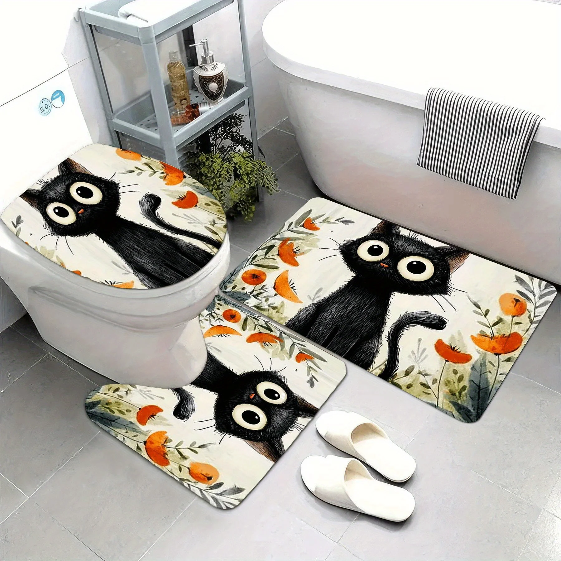 

3pcs Ultra-Soft Flannel Bathroom Mat Set with Cute Cat Designs - Non-Slip, Machine Washable, Perfect for Christmas Bathroom Deco