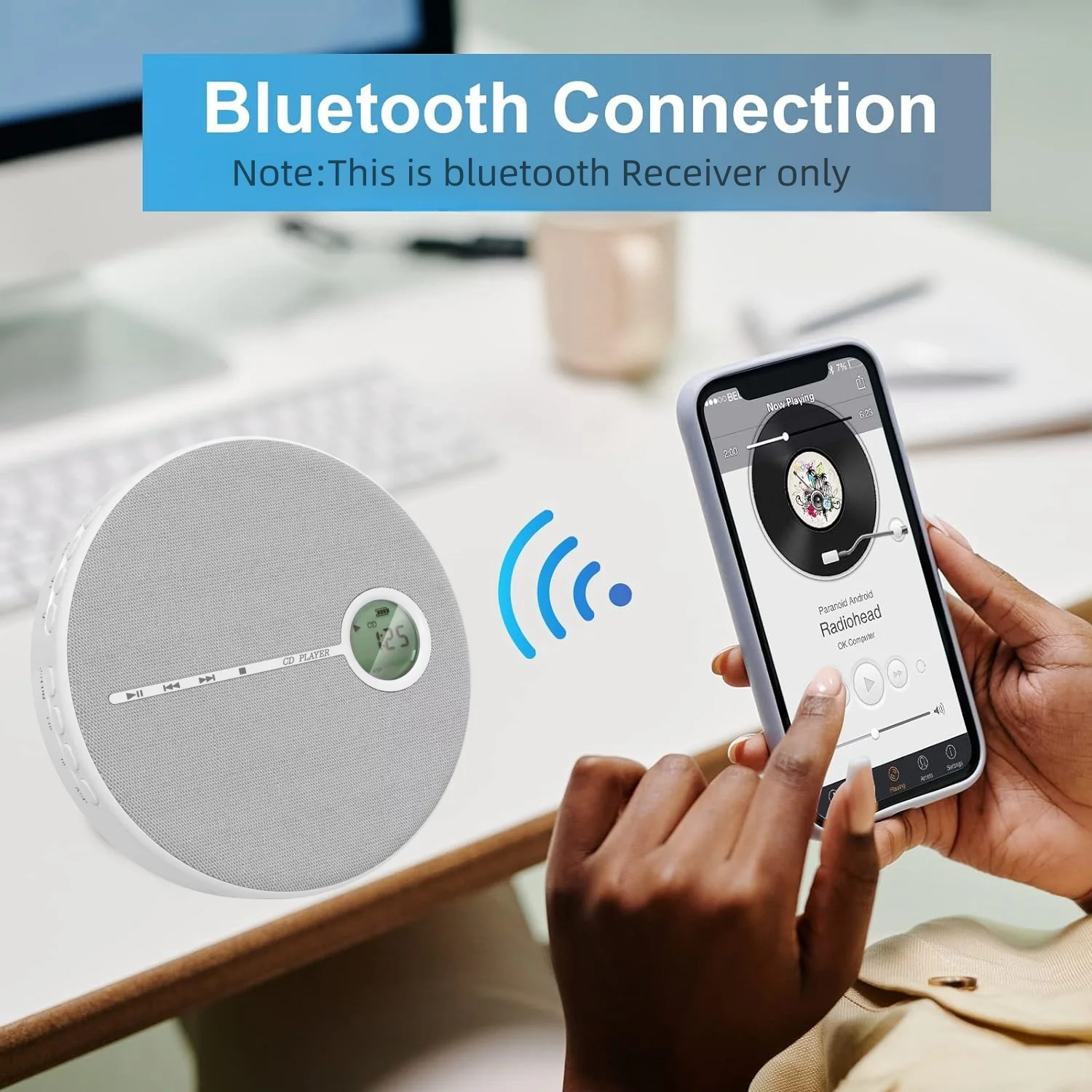 Przenośny odtwarzacz CD z akumulatorem Bluetooth, kompaktowy odtwarzacz płyt CD z muzyką do samochodu/podróży, domowy dźwięk z głośnikiem stereo, AUX, USB