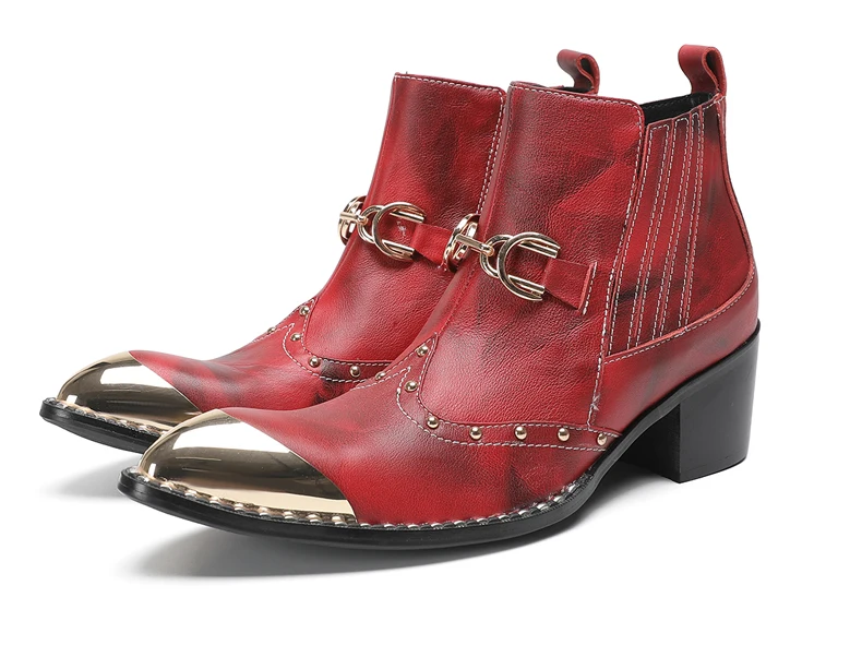 Designer Metall Karree Cowboy Motorrad Kurze Stiefel Männlich Große Größe Nieten Echtes Leder Stiefeletten Business Formale Schuhe – Detail 11