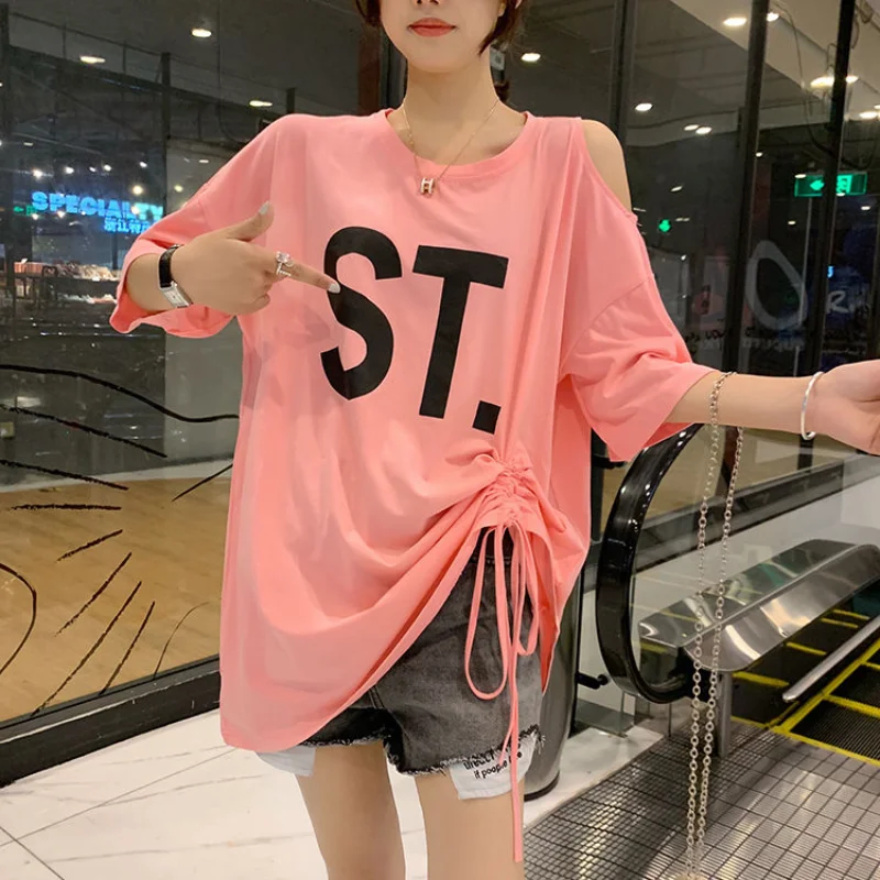 Hollow Out Off Shoulder Loose T Shirts Summer New Short Sleeve Solid Color Drawstring Tops Fashion Street Casual Women Clothing