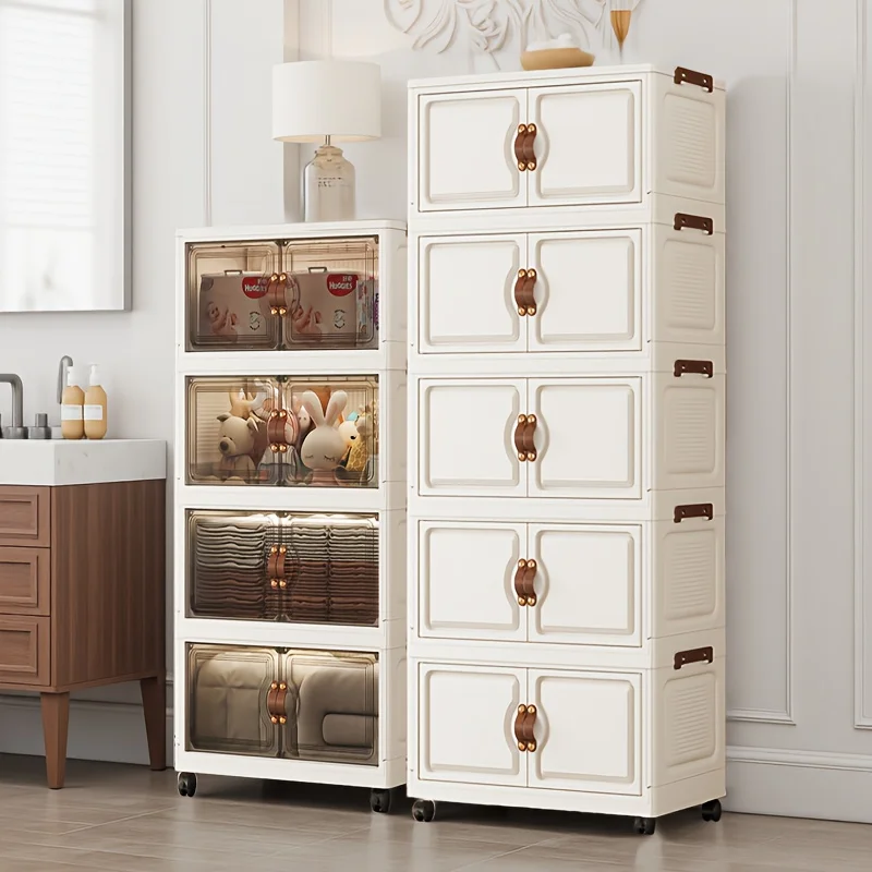 48cm Wide Foldable Storage Cabinet with Rolling Wheels,3-6 Tier  White/Black, for Bathroom/Bedroom/Living Room Organization