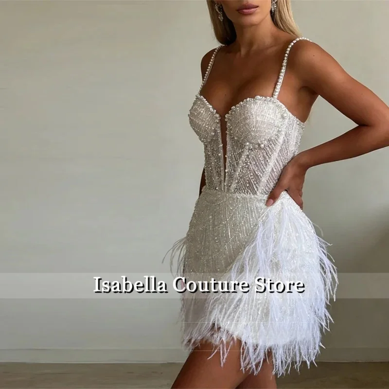 Sparkly Sequins Waist Cincher White Feather Beads Mini Design Elegant Bride Dress Shimmering Moments Customized Vestido De Novia