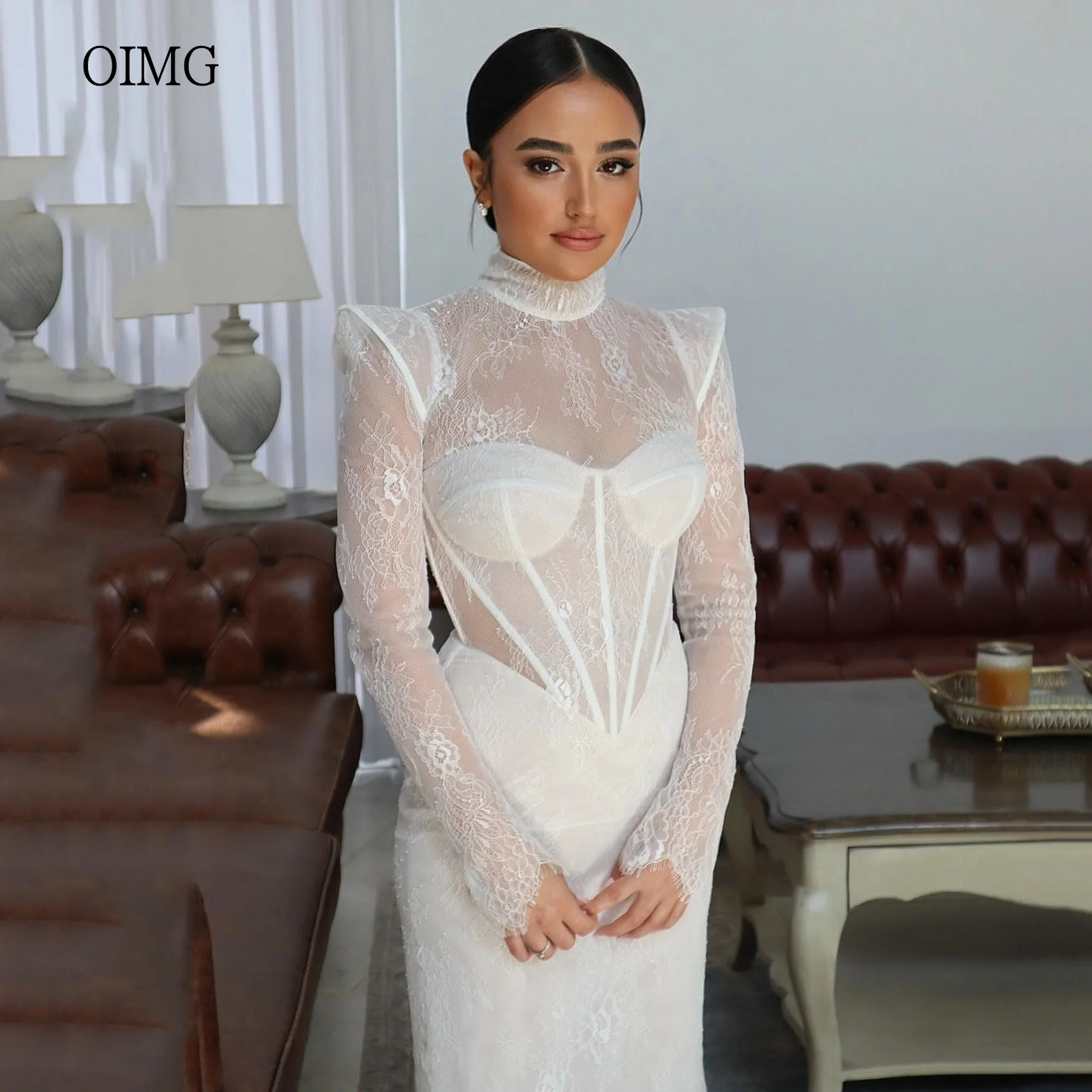 

OIMG Ivory Mermaid Wedding Dress Lace Long Sleeves Sweetheart Neck Bride Dresses Floor Length Wedding Gowns 2024 Customized