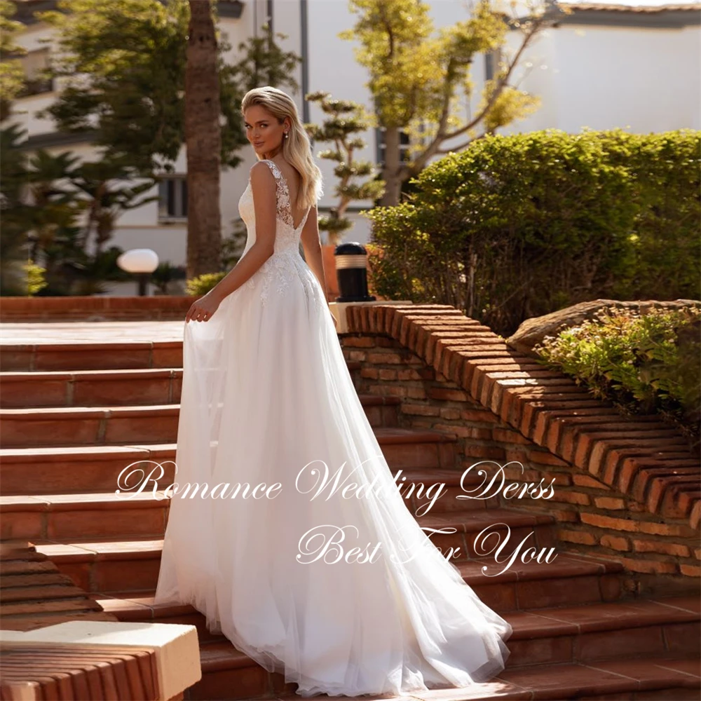 Elegant Lace Spaghetti Straps Pleat A-Line Wedding Dress Women V-Neck Appliques Backless Sleeveless Vestidos De Novia Customized