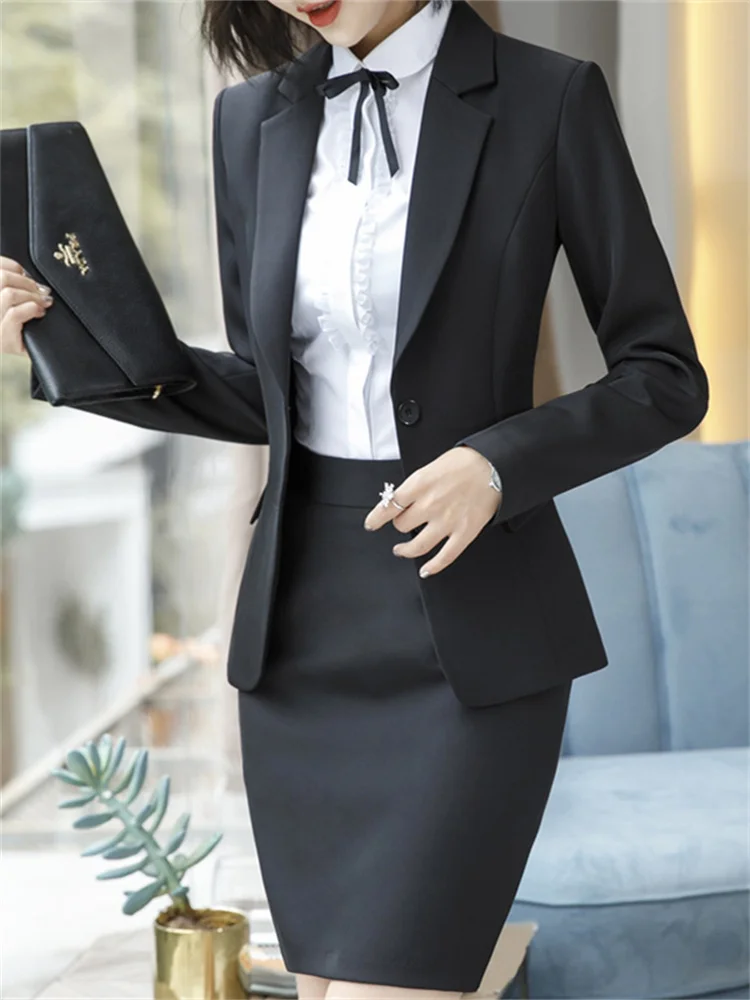 Set da 2 pezzi Abbigliamento da ufficio Moda donna Button Up Slim Blazer a maniche lunghe Vintage Pantaloni a matita a vita alta Abiti JJ1079