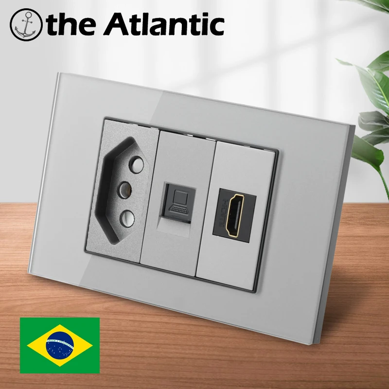 20A Brazil Outlet with RJ45 HDMI TV SAT Antenna 118Type Power Socket Gray Tempered Glass Outlet Brazil Plug Outlet Free shipping