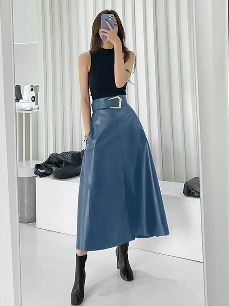 DEAT PU Leather Skirt Women Belt With Sashes Slim High Waist A-line Elegant High Quality Causal Wild 2024 New Autumn HC004