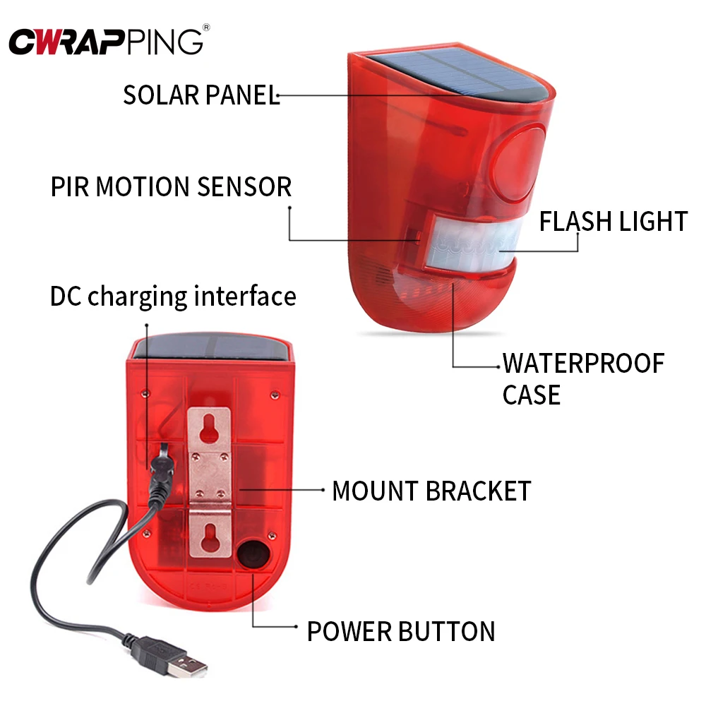 Outdoor Solar Infrared Motion Sensor Alarm 129DB Siren Strobe Light IP65Waterproof Villa Farm Yard Garden Security Alarm System