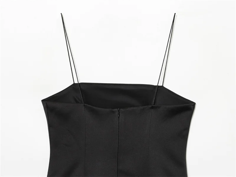 Vestido feminino 2025 outono novo estilo preto cinta de espaguete cetim-renda retalhos mini vestido sexy e elegante