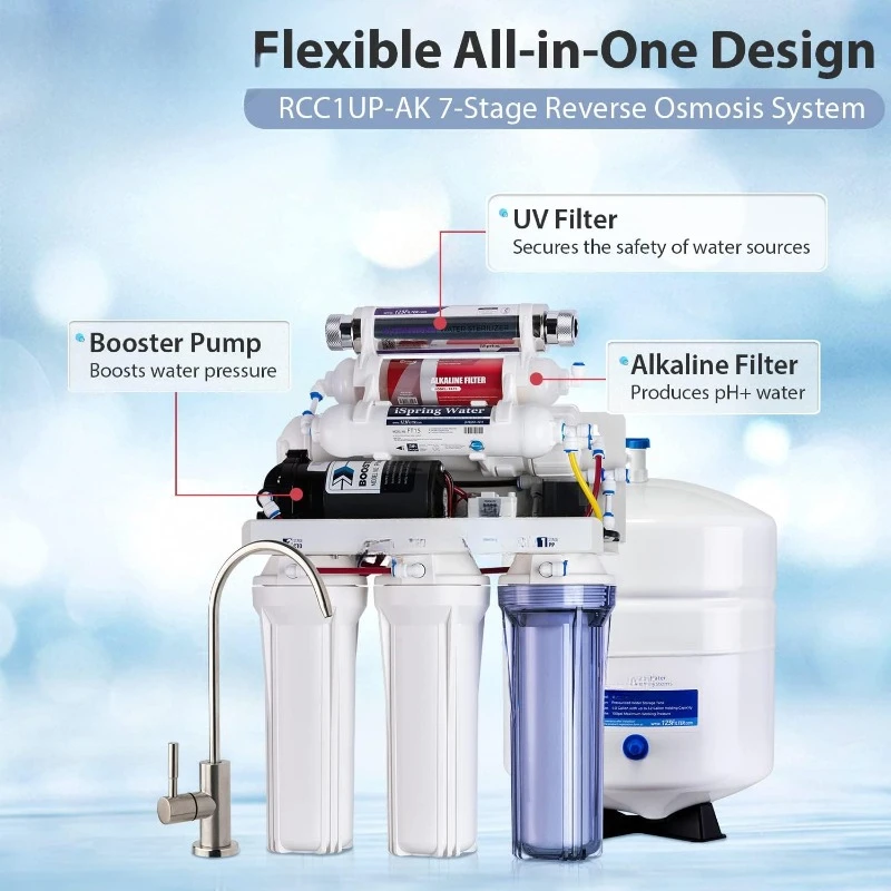 RCC1UP-AK 100GPD Under Sink 7-Stage Reverse Osmosis RO Drinking Filtration System and Water Filter for Sink with Alkaline