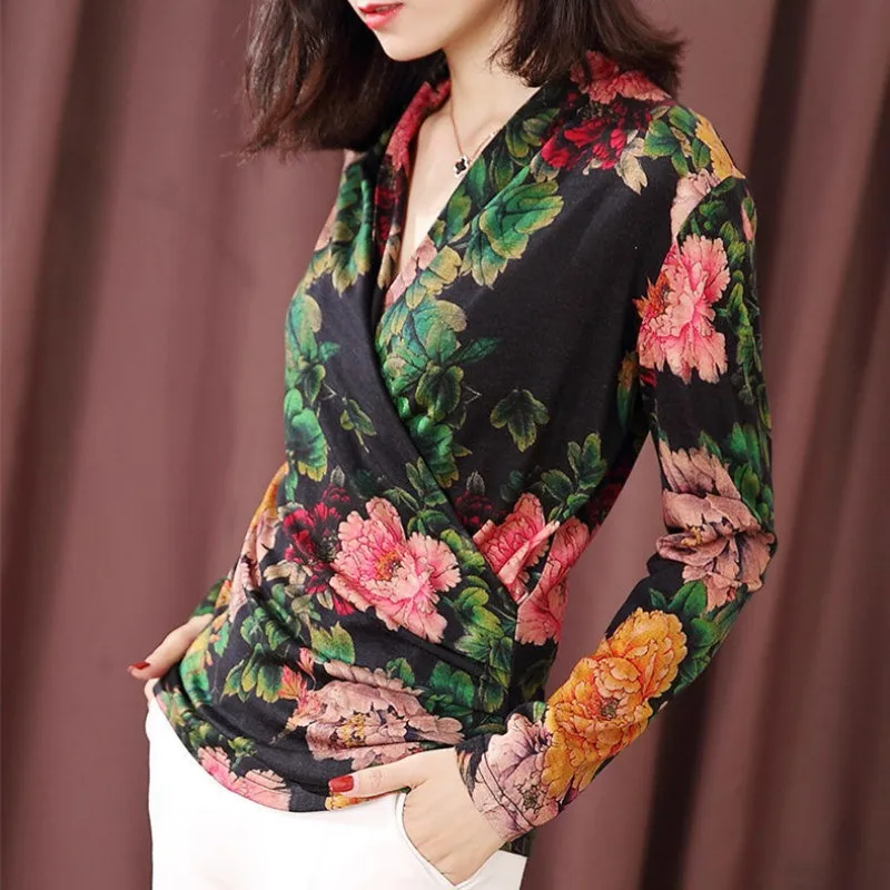 Women Spring Autumn Style Blouses Shirts Lady Casual Long Sleeve V-Neck Flower Printed Blusas Tops DD8061