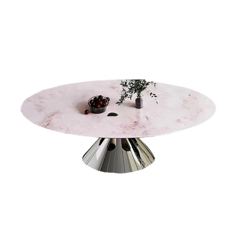 Luxury Stainless Steel Dining Table with Natural Marble Top Blue Crystal Inlay Rainbow Rose Design Oval Shape for Elegant Home