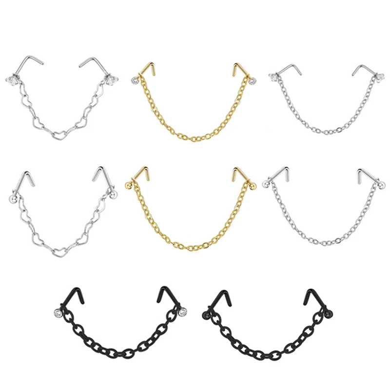 1pc Nose Ring With Chain Double Piercing Nose Stud Zircon L Shaped Stainless Steel Nostril Body Jewelry