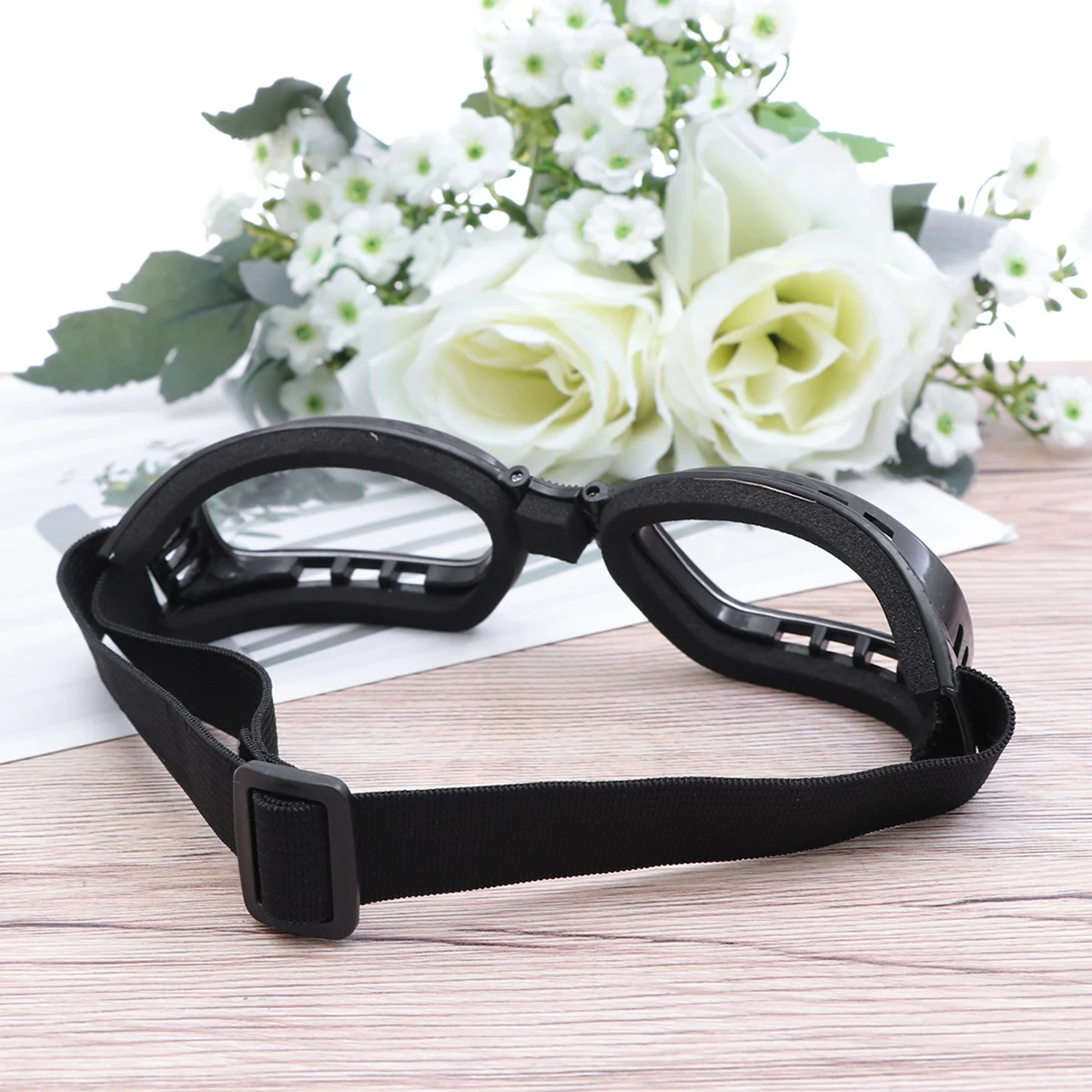 نظارات رياضية خارجية مقاومة للصدمات ومضادة للوهج على الجليد، عصابة رأس قابلة للتعديل، إطار أسود، عدسات شفافة للتزلج #5