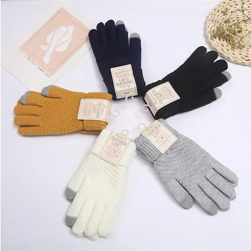 Women Men Warm Winter Touch Screen Gloves Stretch Knit Mittens Wool Full Finger Guantes Female Crochet Glove