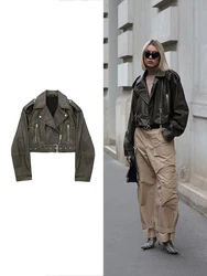 TRAF Donna Vintage PU Finta Pelle Giacca Corta Cappotto Cerniera Risvolto Cintura Motociclismo Abbigliamento Motociclismo Giacca Bello Sciolto