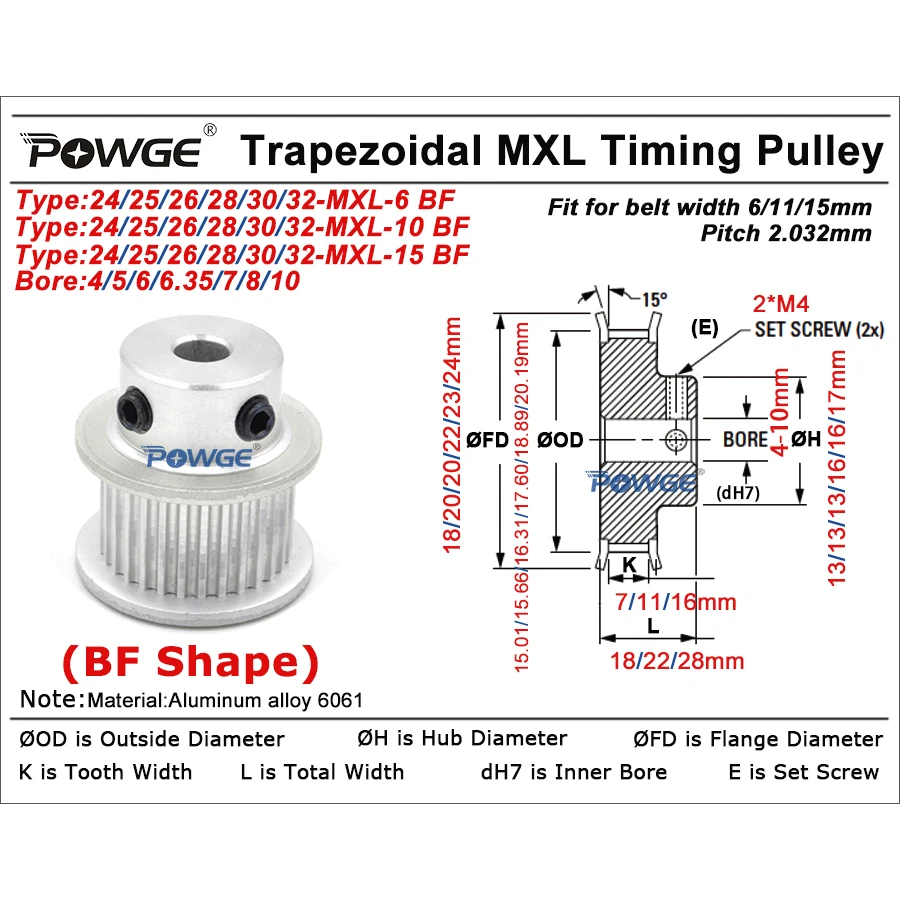 POWGE 32 30 28 26 25 24 teeth MXL Timing Pulley Bore 4/5/6/6.35/7/8/10/12mm for belt width 6/10/15mm 24T 25T 26T 28T 30T 32T