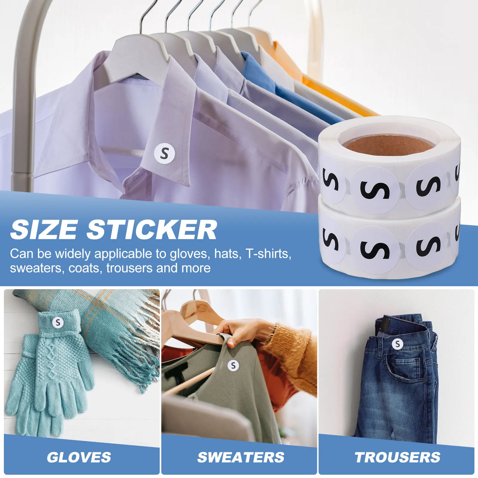 

2pcs 2 Rolls Round Clothing Size Sticker Self-Adhesive Labels For T-Shirts Sweaters Coats Hats Gloves Apparel Filing Tag Label